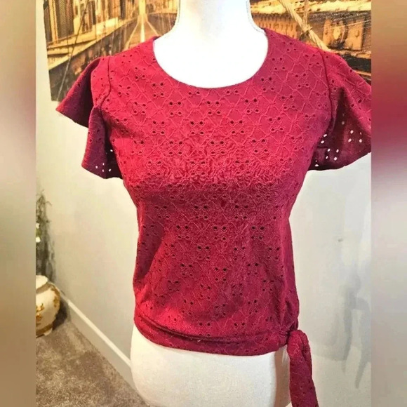 Amy Byer Other - Amy Byer Girls Burgundy Eyelet Top with Ruffle Sleeves
